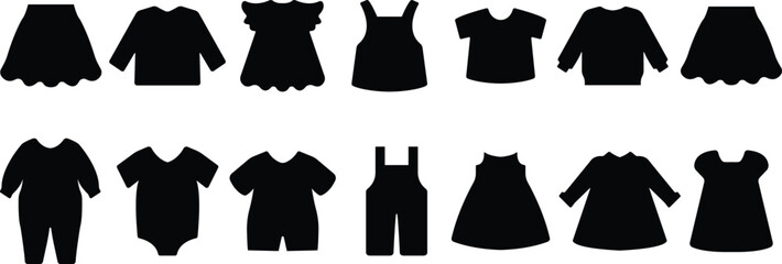 Baby clothes flat icons set. Bodysuit, coverall, buster suit, newborn nest isolated on transparent background
