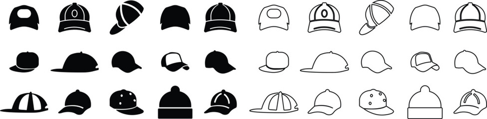 Baseball hat, cap icon in flat and line set. sign symbol mockup isolated on transparent background 