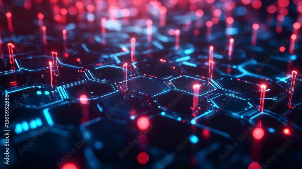 Poster Abstract digital network with glowing red and blue nodes and lines on a dark hexagonal background.