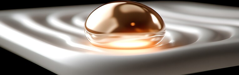 Fototapeta premium Golden droplet sitting on a rippled, white surface in a dark surrounding