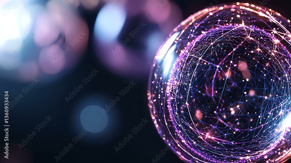 Poster glowing sphere with pink and blue neon light trails creating futuristic network connections against 