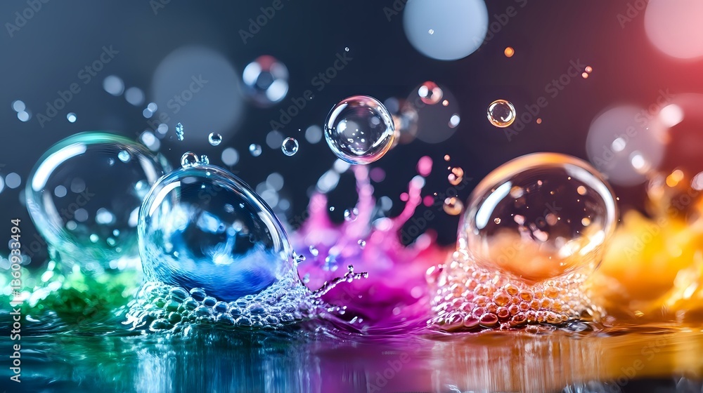 Poster colorful water drops and splashes creating rainbow spectrum effect with bubbles on dark background, 