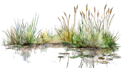 Watercolor painting of a serene natural marsh with cattails and a tranquil pond