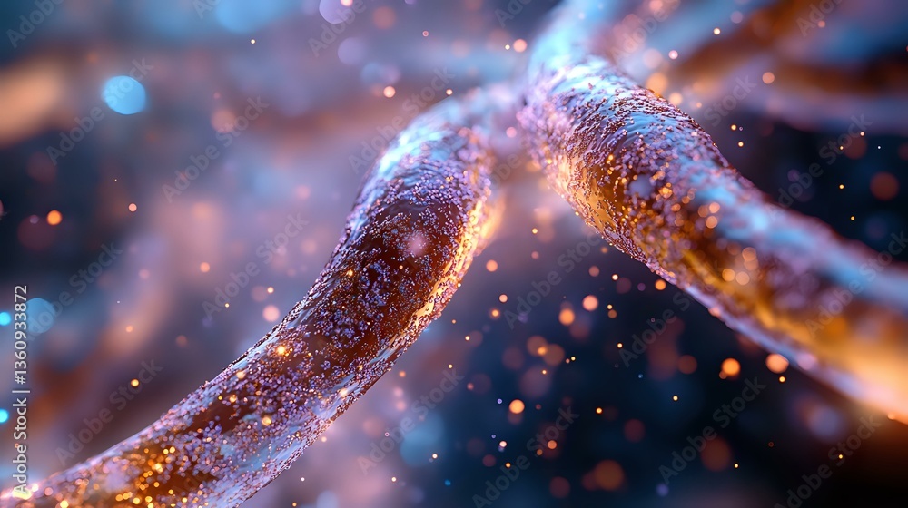 Poster glowing neural synapses with orange and blue bokeh effect in dark background showing brain cell conn