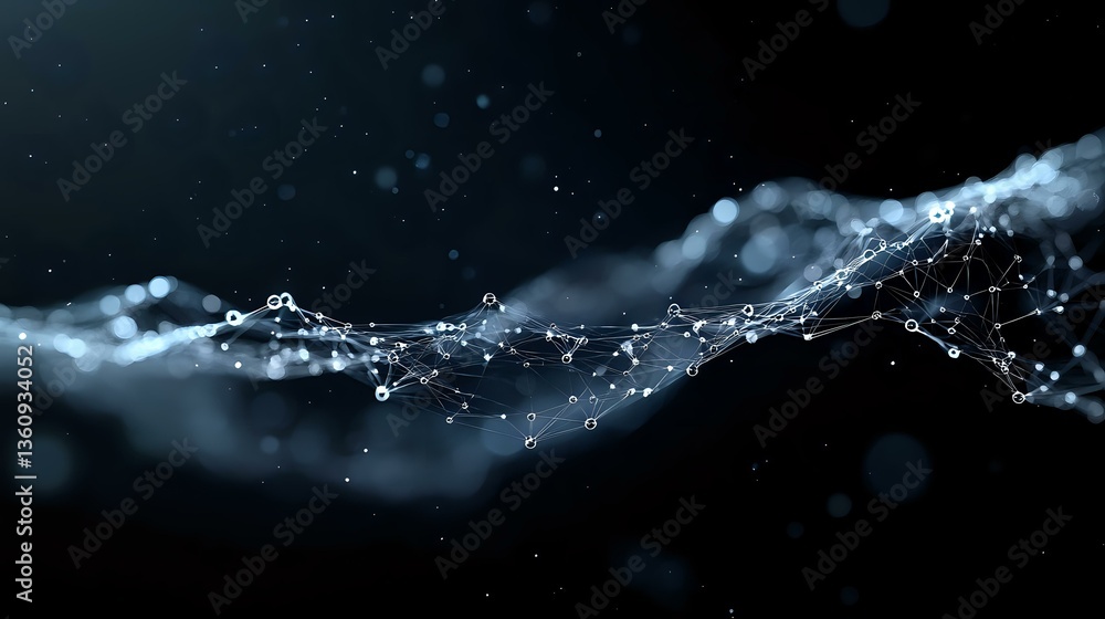 Poster glowing network connections forming abstract wave pattern against dark background with bokeh light e