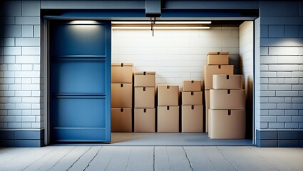 Open self-storage unit packed with neatly stacked cardboard boxes. Spacious warehouse-style storage facility with metal roll-up door, concrete flooring, and organized packing.