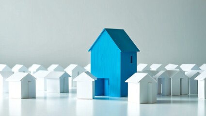 "Modern real estate business concept featuring a professional real estate agent showcasing a luxury home. High-rise buildings, urban cityscape, and residential properties in the background.