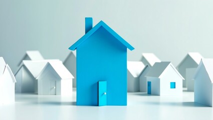 "Modern real estate business concept featuring a professional real estate agent showcasing a luxury home. High-rise buildings, urban cityscape, and residential properties in the background.