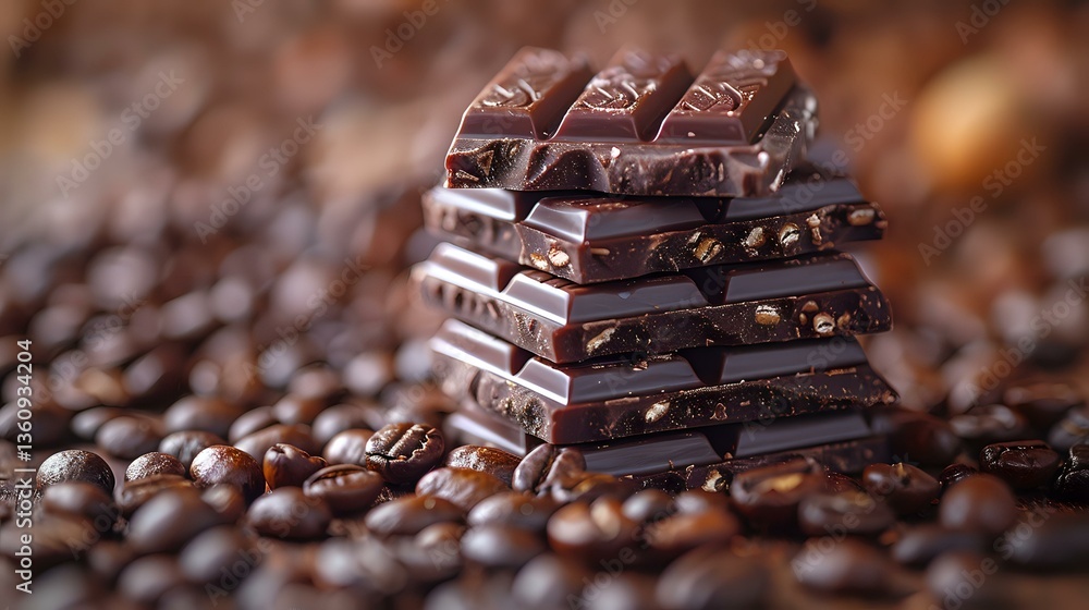 Poster stacked dark chocolate bars with nuts on scattered coffee beans background, macro food photography w
