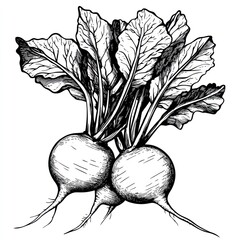 Hand-drawn illustration of two beetroots with leaves