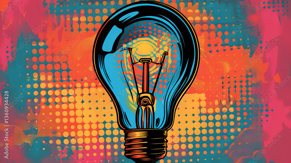 Poster glowing light bulb on vibrant multicolored halftone background with orange and blue gradient pattern