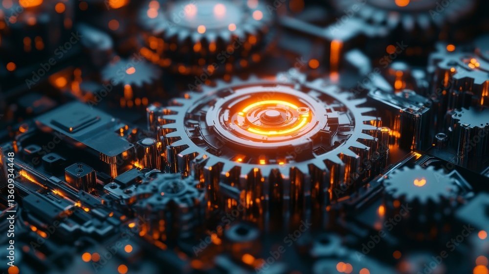 Poster close-up of intricate metallic gears illuminated with warm light, showcasing complex machinery and p