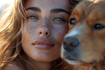 Close-up portrait of young woman with freckles and natural makeup alongside red border collie dog in warm sunset lighting, creating intimate emotional connection.