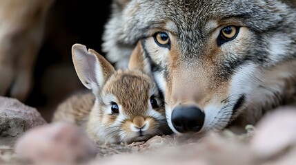 Fototapeta premium Close-up portrait of unlikely animal friendship between gray wolf and small brown rabbit showing gentle connection and natural harmony in wildlife setting.