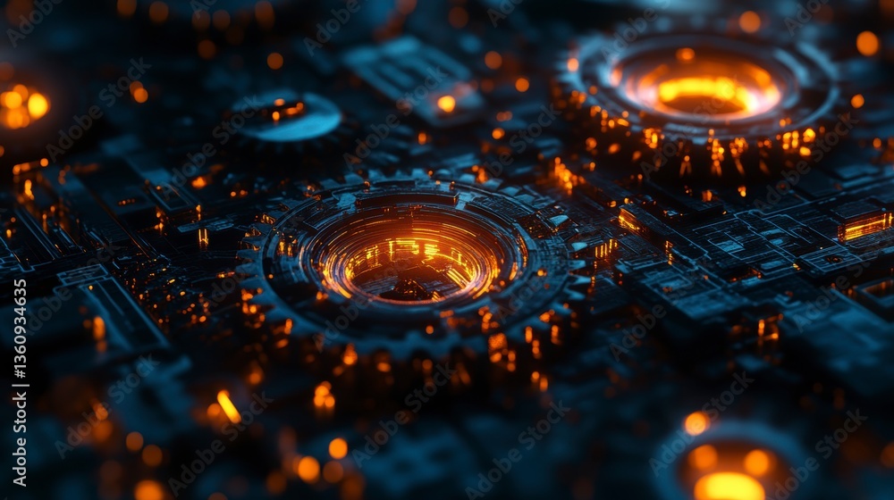 Poster abstract glowing metallic gears and circuits.