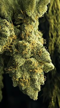 Close-up view of green cannabis buds displaying resin and trichomes in a well-lit setup indoors