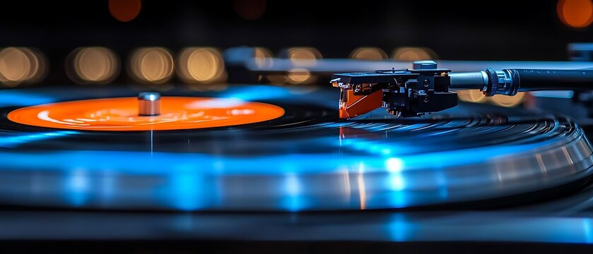A close up shot of a record player turntable in action