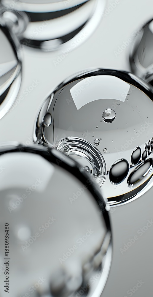 Poster abstract macro photography of water drops and bubbles creating metallic silver reflections and curve