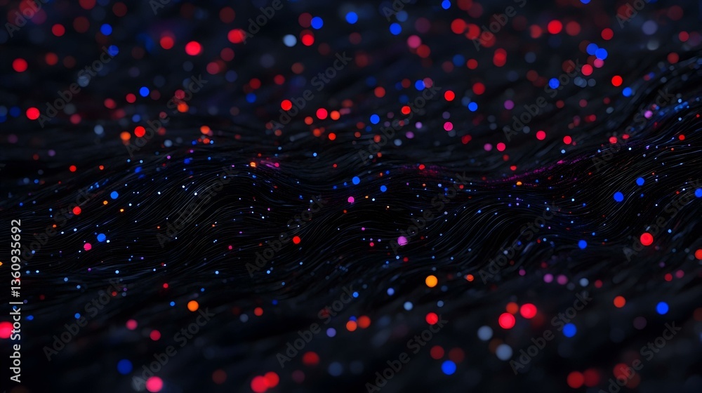 Poster abstract dark background with colorful glowing particles and wavy lines. perfect for technology, sci