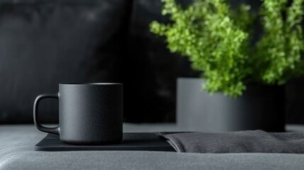 Modern black mug on a dark surface