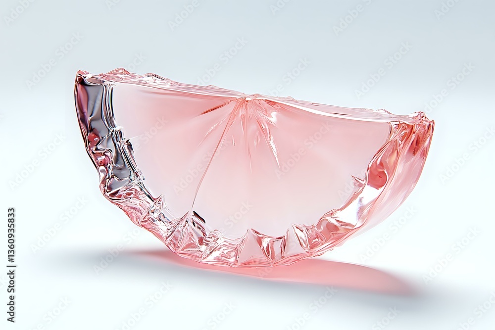 Poster pink translucent crystal slice in semicircle shape with faceted edges casting soft shadows on white 