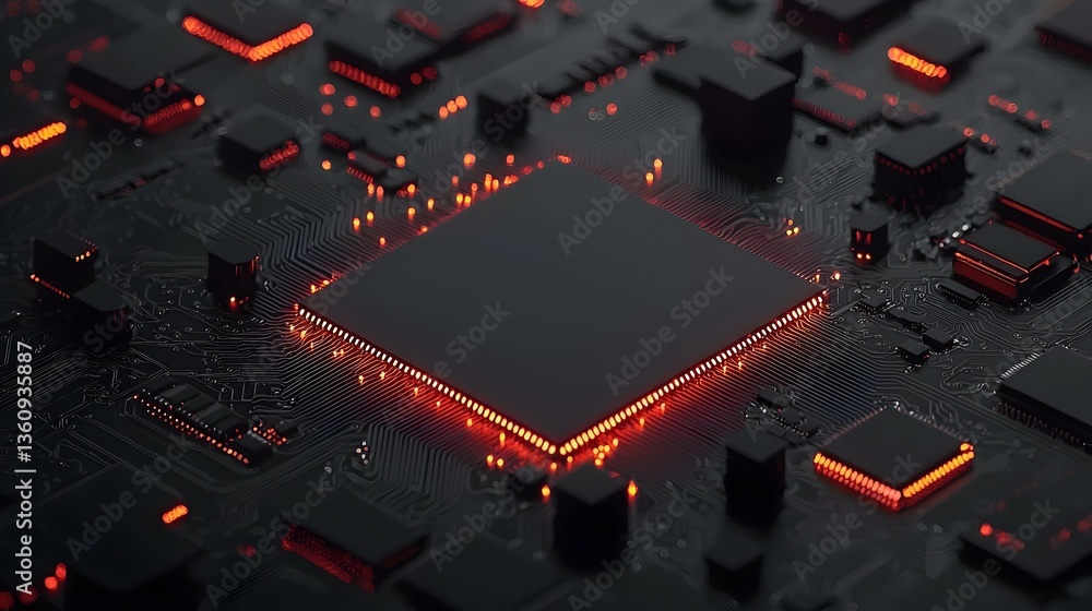 Poster glowing cpu on dark motherboard. abstract technology background. perfect for tech, electronics, and 