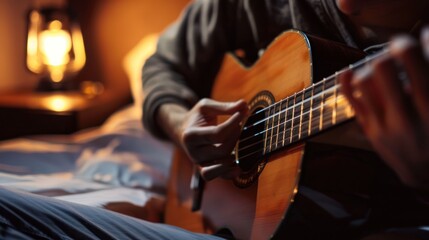 Fototapeta premium Intimate Evening of Acoustic Guitar Playing in Warm Lighting