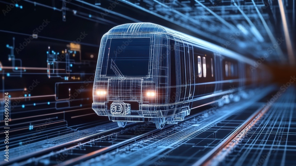 Poster futuristic wireframe train speeding through digital tunnel.