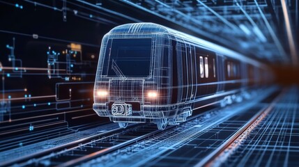 Fototapeta premium Futuristic wireframe train speeding through digital tunnel.