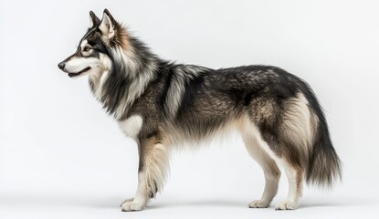 Profile of a Grey and Black Wolfdog on White Background