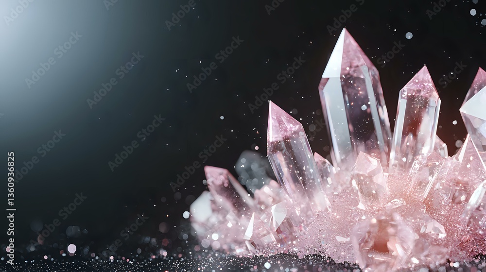 Aufkleber pink rose quartz crystal cluster formation with raw mineral points emerging against dark background,