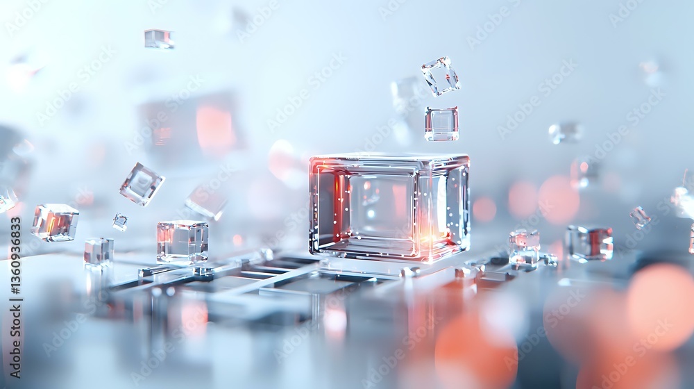 Poster futuristic abstract composition with transparent cubes floating in space, soft coral and blue tones 
