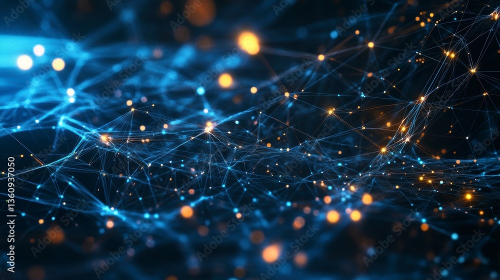 Poster Abstract digital network connection. Glowing nodes and lines forming a complex web.