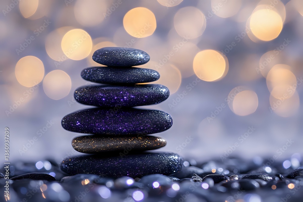 Poster balanced black spa stones pyramid with purple glitter on wet surface against soft bokeh lights backg