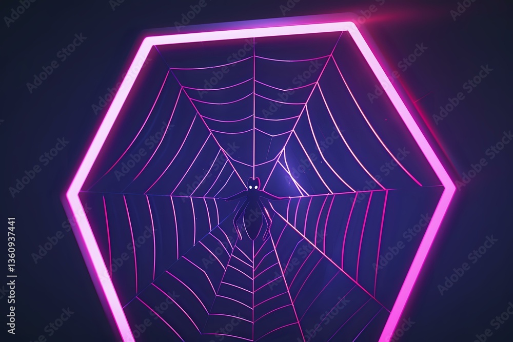 Poster glowing neon pink hexagon frame with spider web pattern against dark background creates modern geome