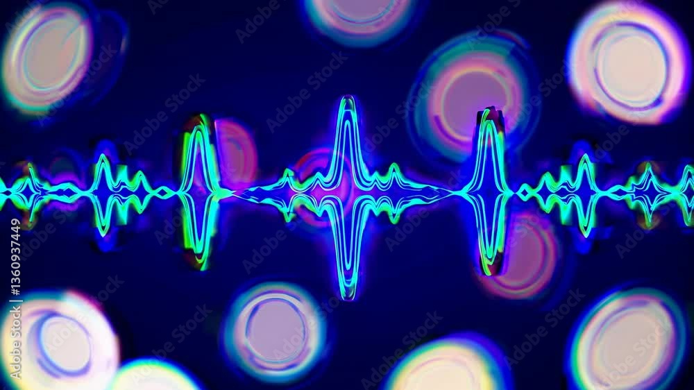 Poster abstract video concept with a close-up angle, featuring vibrant sound waves and bokeh lights against