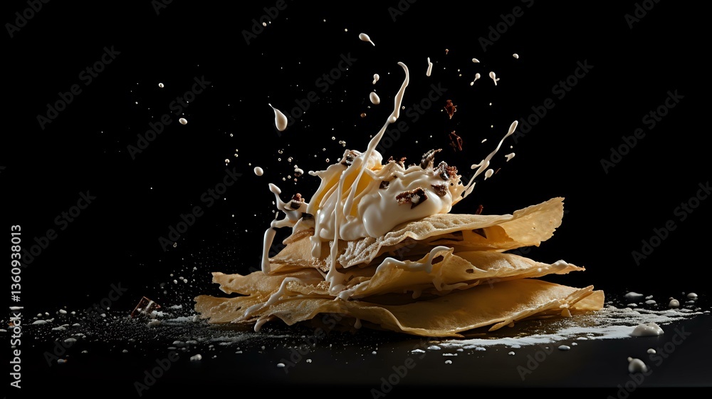 Poster Dramatic coffee splash with cream drops exploding over stacked coffee-colored paper sheets against black background, creating dynamic liquid art motion.