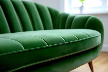 Obraz premium Luxurious emerald green velvet sofa with channel tufting and curved shell back design on wooden legs against bright interior background. Modern furniture piece.