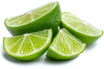 Fresh juicy lime wedges arranged on white background, showing bright green peel and translucent flesh segments. Clean food photography for culinary and beverage use.