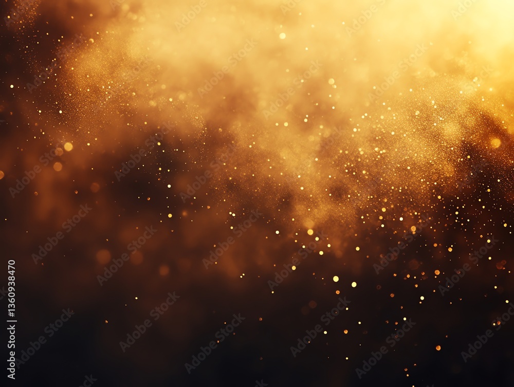 Poster glowing golden particles floating in a dark space abstract background