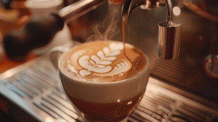 Steaming Latte Art Being Poured into a Ceramic Cup Perfect for Coffee Lovers and Barista Enthu