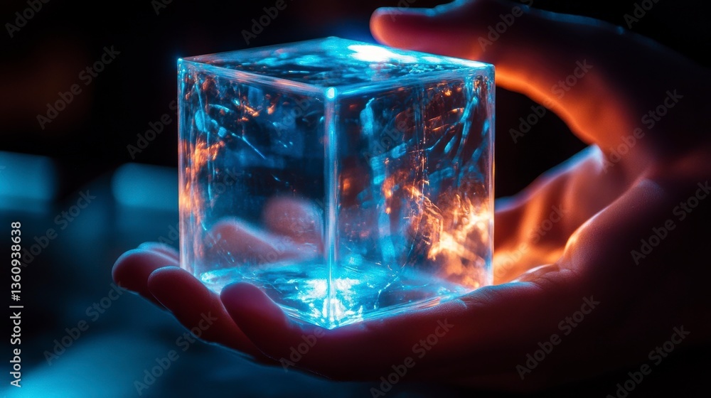 Poster glowing translucent cube held in a hand, illuminated with blue and orange light against a dark backg