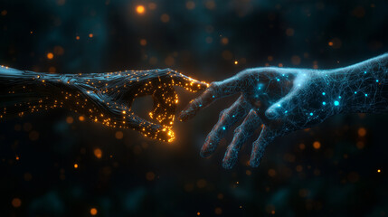 Futuristic digital connection between AI and human – glowing robotic and virtual hands reaching for each other in a symbolic union of technology, intelligence, and emotion