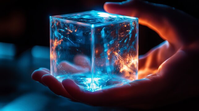 Glowing translucent cube held in a hand, illuminated with blue and orange light against a dark background.