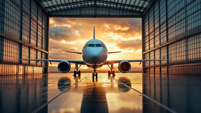 Airplane inside hangar at sunset
