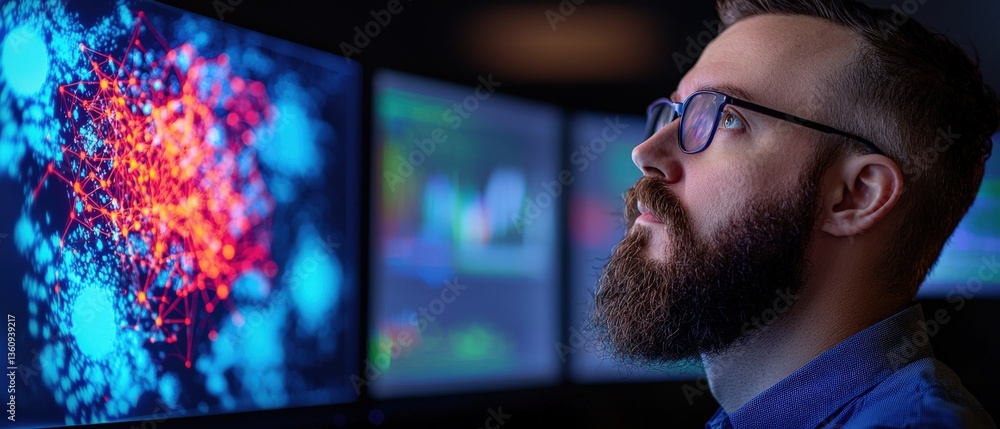 Poster focused businessman analyzing complex data on multiple screens, deep in thought, contemplating busin