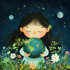 Naklejka premium Little child holding planet earth. Earth day theme.