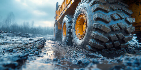 Heavy-duty truck tires splashing through muddy terrain under overcast sky during construction site activity