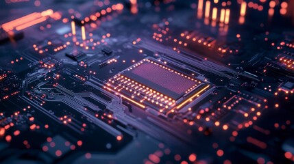 Obraz premium Close-up of a glowing central processing unit (CPU) on a circuit board.