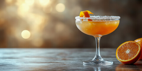 Close-up of a refreshing Sidecar cocktail served with a slice of orange and a sugared rim in a stylish setting